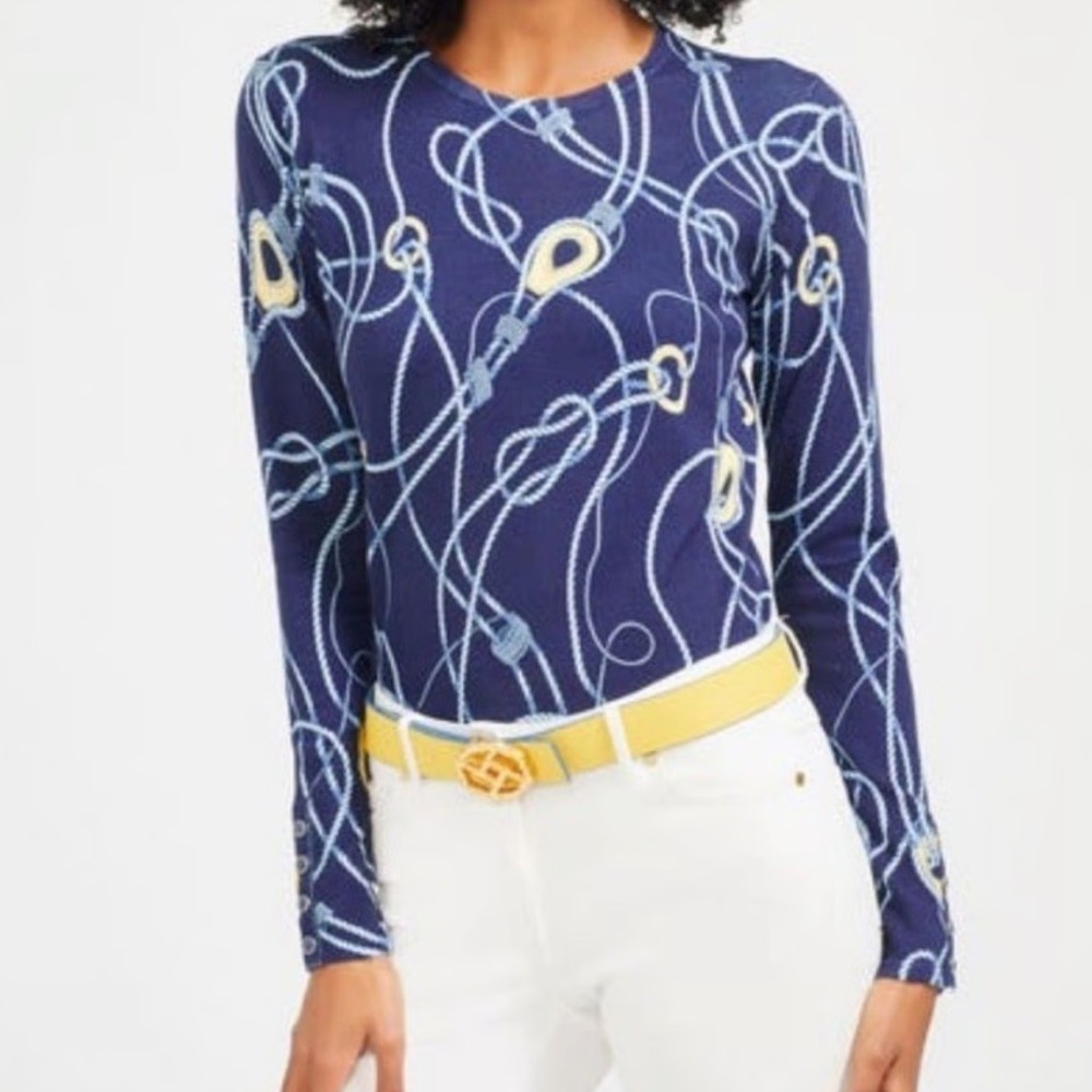 J. McLaughlin Button-Cuff Togglewood Lenny Crewneck Sweater Size XS/S Blue Gold